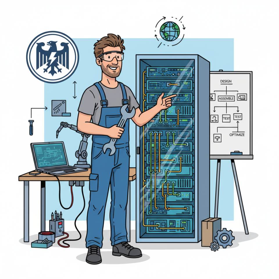 Comic-Darstellung eines Mechatronikers mit Werkzeug und Messgeräten an einer automatisierten Maschine in der Werkhalle