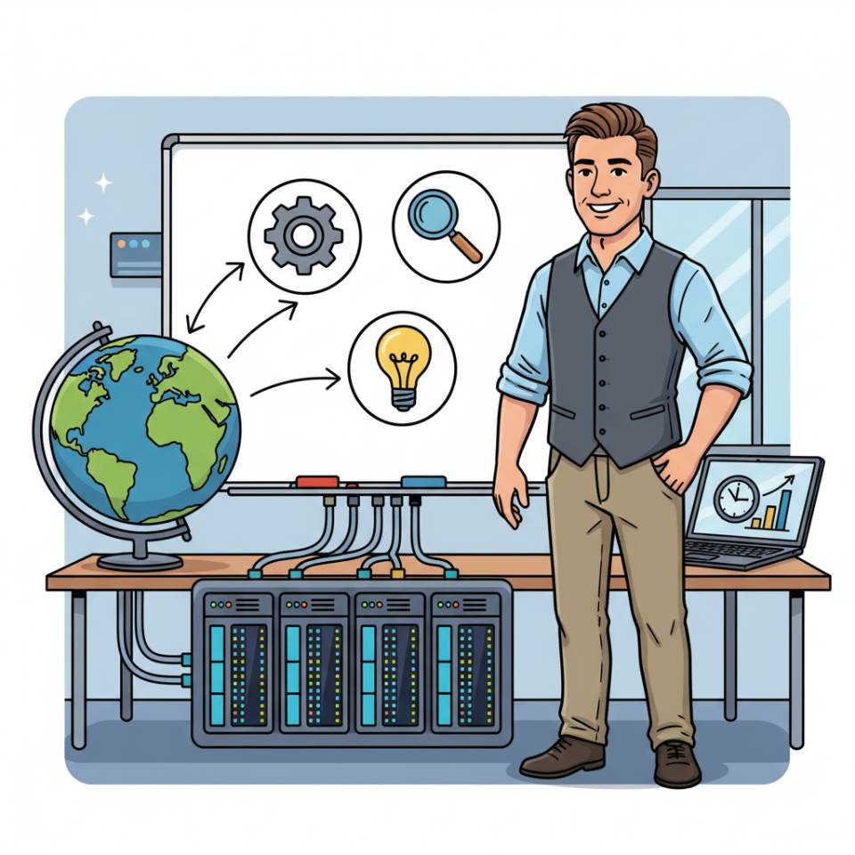 Comic-Darstellung eines Projektmitarbeiters mit Laptop, Aufgabenliste, Projektplan und Teamabstimmung am Schreibtisch im Projektbüro