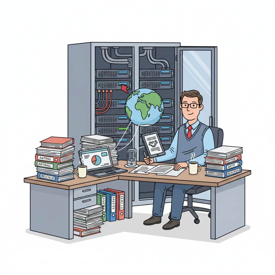 Comic-Darstellung eines Sachbearbeiters am Schreibtisch mit Laptop, Aktenmappe, Stempel und Formularen