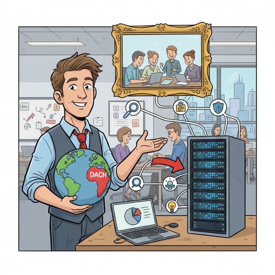 Comic illustration of an area manager with tablet, org chart and team in an office