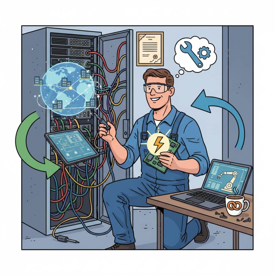 Comic illustration of a technician with drawings, measuring devices and plans at an industrial plant