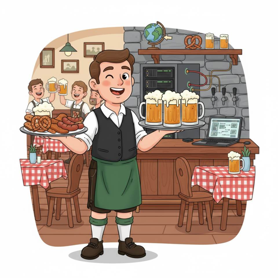 Ilustración cómic de un camarero con bandeja, copas de vino y un restaurante puesto de fondo