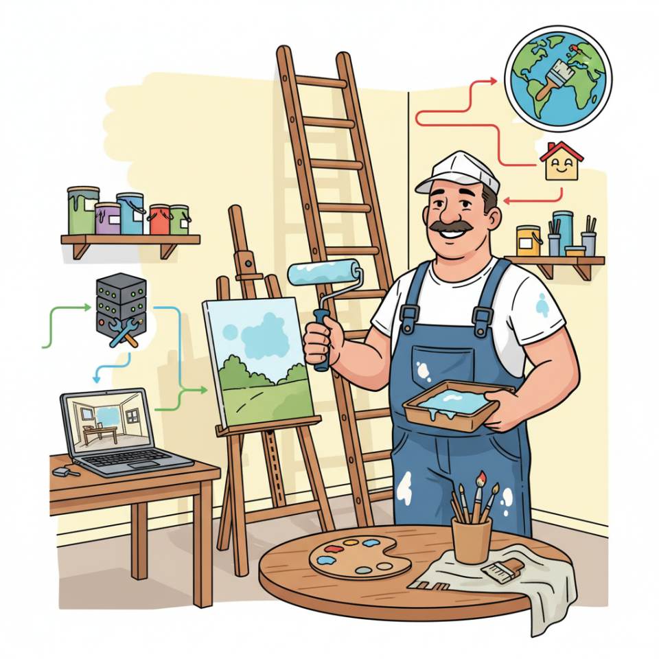 Ilustración tipo cómic de un pintor con rodillo y cubo de pintura pintando una pared en la obra