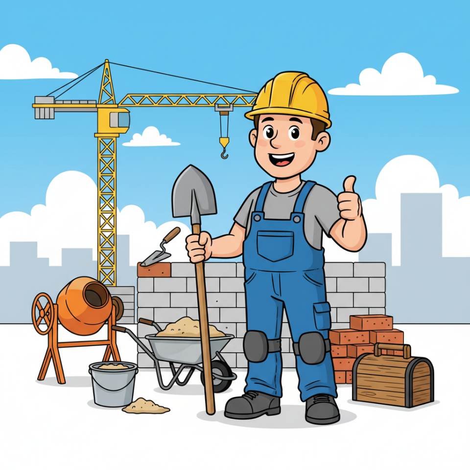 Комикс-изображение подсобного рабочего в каске с тачкой на стройплощадке